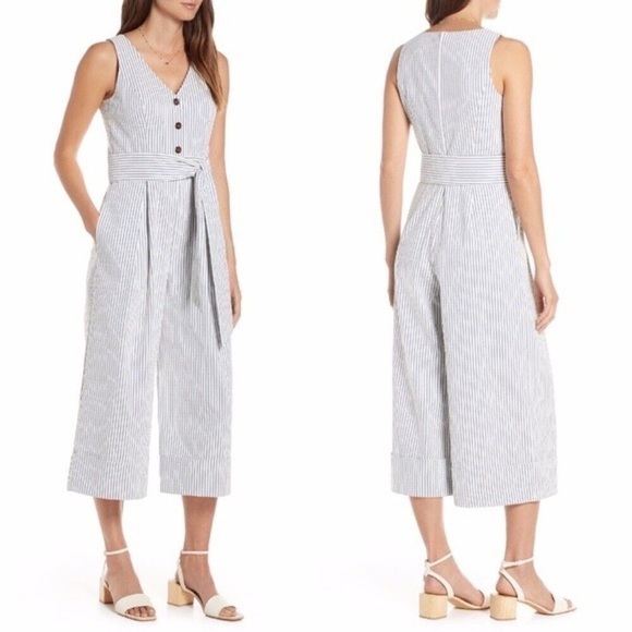 1901 Blue & White Striped Crop Seersucker Jumpsuit (size 10) - Picture 1 of 6